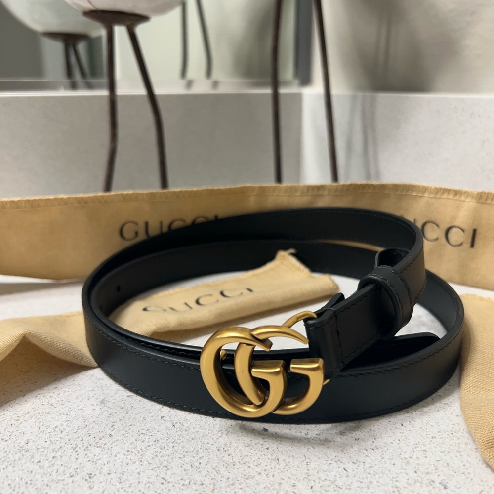 Gucci Women's Black Belt with Gold GG Buckle